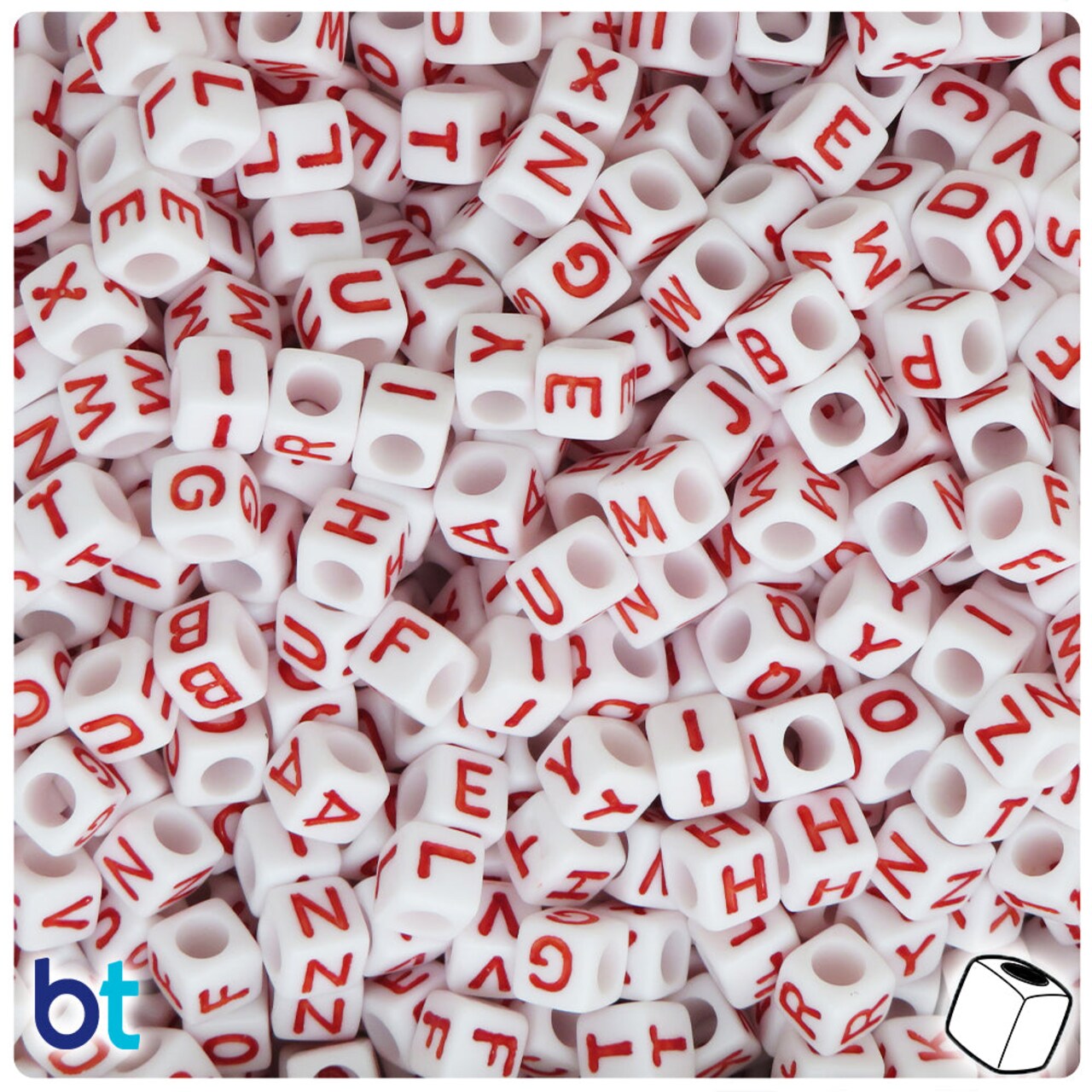 BeadTin White Opaque 6mm Cube Plastic Alpha Beads - Red Letter Mix (200pcs)